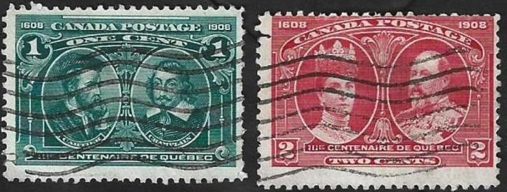 2 Postzegels Canada 1908 Driehonderd jaar Quebec, Postzegels en Munten, Postzegels | Amerika, Gestempeld, Noord-Amerika, Ophalen of Verzenden