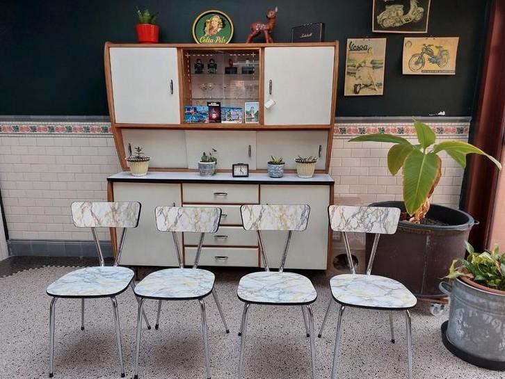 Vintage formica stoelen, set 4 stuks, Huis en Inrichting, Stoelen, Gebruikt, Vier, Ophalen