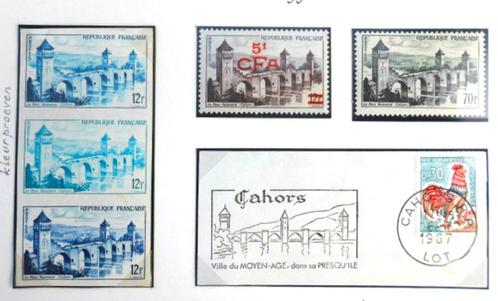 Epreuves de couleur : Pont Valentré Cahors 1955 + flamme, Timbres & Monnaies, Timbres | Europe | France, Enlèvement ou Envoi