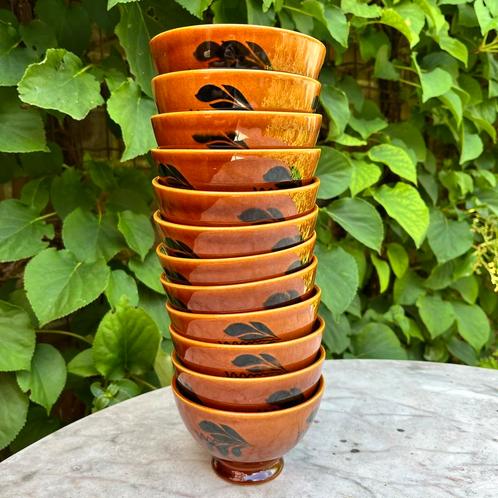 12 spoelkommetjes / bowls Boch bruin met zwarte tekening, Antiek en Kunst, Antiek | Servies los, Ophalen of Verzenden