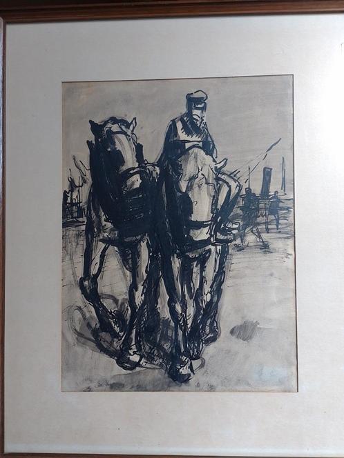 Joz Mous  1896 - 1968  Inkt  Natiepaarden, Antiek en Kunst, Kunst | Schilderijen | Klassiek, Verzenden