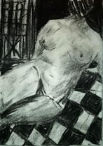 Kunst. Vrouwelijk Naaktmodel in houtskool tekening op A4, Antiek en Kunst, Kunst | Tekeningen en Fotografie, Ophalen of Verzenden