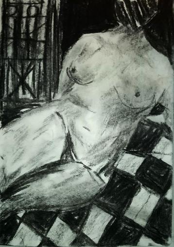 Kunst. Vrouwelijk Naaktmodel in houtskool tekening op A4, Antiek en Kunst, Kunst | Tekeningen en Fotografie, Ophalen of Verzenden