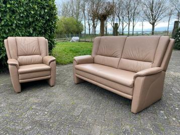 Beige leren 2zits bankstel en fauteuil / bank & stoel leer beschikbaar voor biedingen