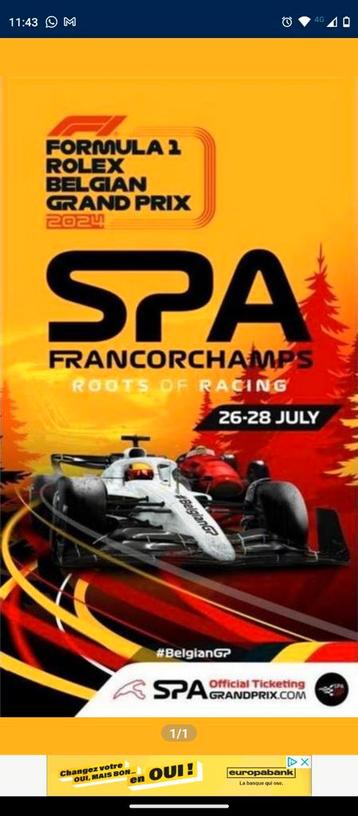 Tickets F1 Francorchamps  Vendredi 26 et Samedi 27 juillet 