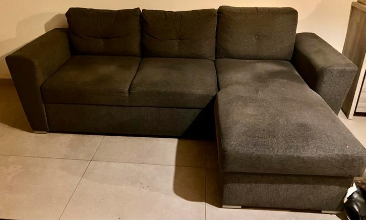 Slaapbank/Zitbank met long chaise + opbergruimte, Huis en Inrichting, Zetels | Zetels en Chaises Longues, Zo goed als nieuw, Driepersoons