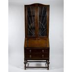 Eiken vitrinekast met secretaire, Huis en Inrichting, Antiek, Gebruikt, Eikenhout, Met klep(pen)