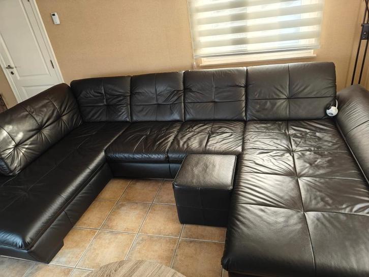 Hoeksalon leder met slaapbank, Huis en Inrichting, Zetels | Complete zithoeken, Gebruikt, Leer, Ophalen