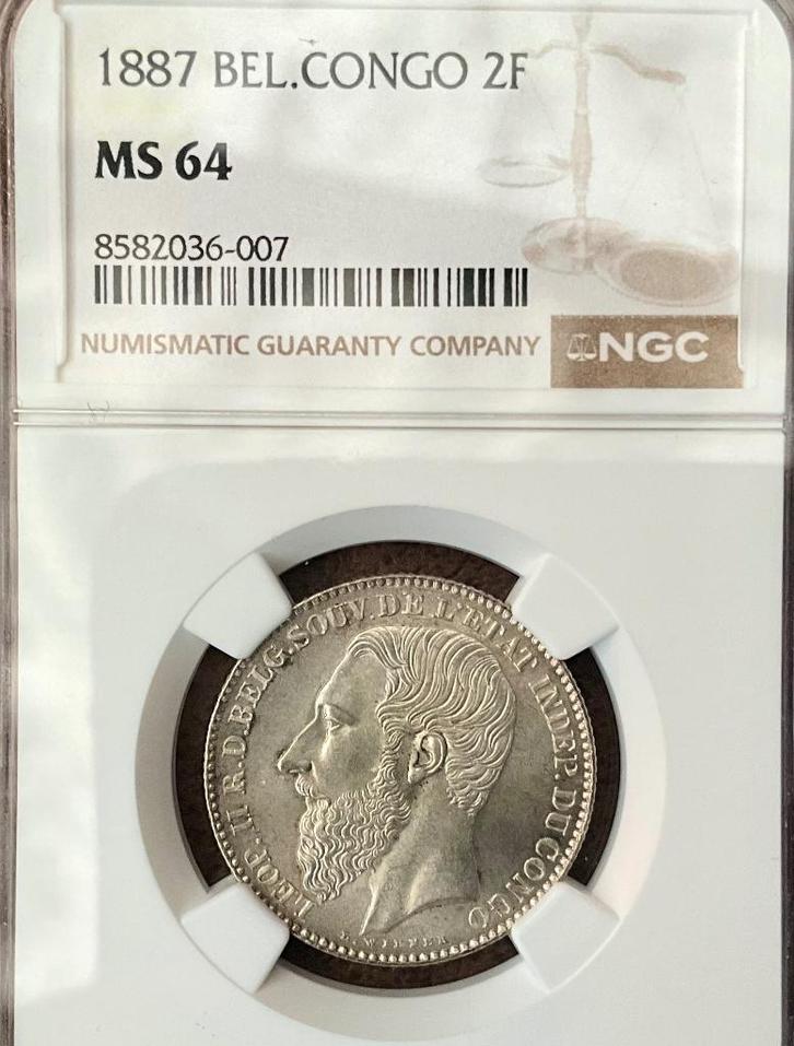 Belgium/Congo 2 Francs 1887 FDC MS64 Zeer Zeldzaam!!, Timbres & Monnaies, Monnaies | Belgique, Monnaie en vrac, Argent, Argent