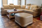 Lederen hoeksalon + poef , kleur licht beige, 2,50 op 2,50 m, Huis en Inrichting, Ophalen, Gebruikt, Leer