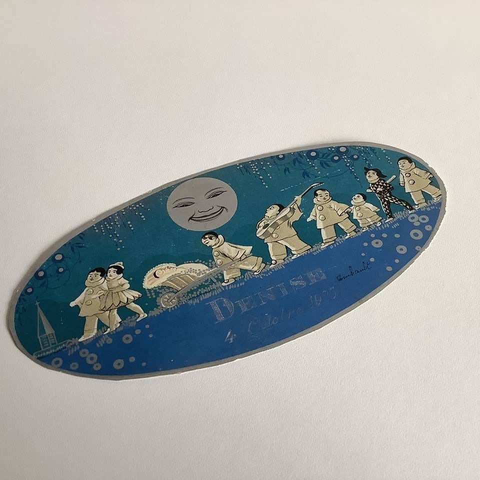 magnifique étiquette boîte de naissance art déco pierrots, Enlèvement ou Envoi, Avant 1970, Carte de naissance