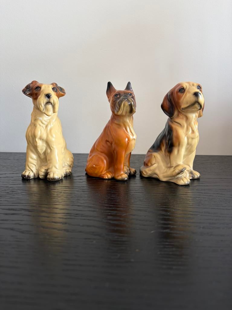 Set van 3 vintage deco gelakte keramische honden, Verzamelen, Beelden en Beeldjes, Gebruikt, Ophalen of Verzenden