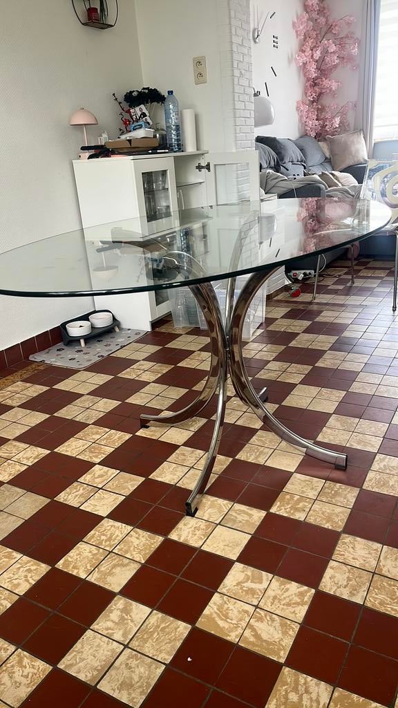 Table vintage en verre et pieds en fer, Maison & Meubles, Enlèvement, Comme neuf, Verre