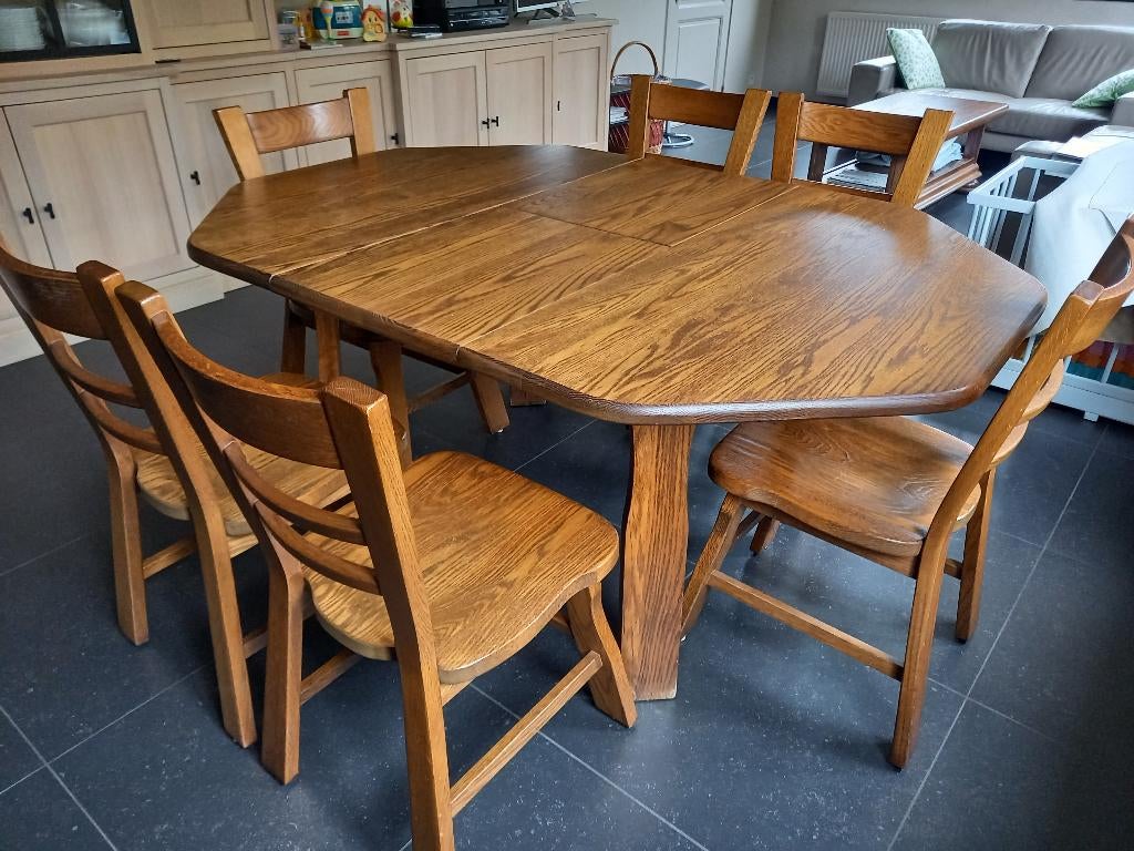 Robuste eettafel + 6 stoelen + salontafel, Ophalen, 100 tot 150 cm, Rustiek, Eikenhout