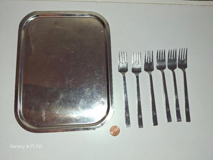 SABENA SET dienblad en kleine vorken, Antiek en Kunst, Antiek | Bestek, Ophalen of Verzenden