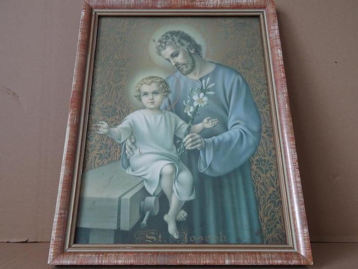 Antieke prent Heilige Jozef en Jezus 33x43cm prent St Joseph, Antiek en Kunst, Antiek | Religieuze voorwerpen, Ophalen of Verzenden