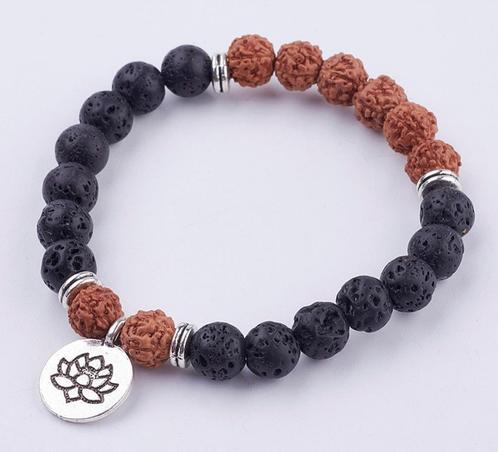 Armband Lotus van lava en Bodhi Beads - maat naar wens, Handtassen en Accessoires, Armbanden, Nieuw, Elastiek, Met bedels of kralen