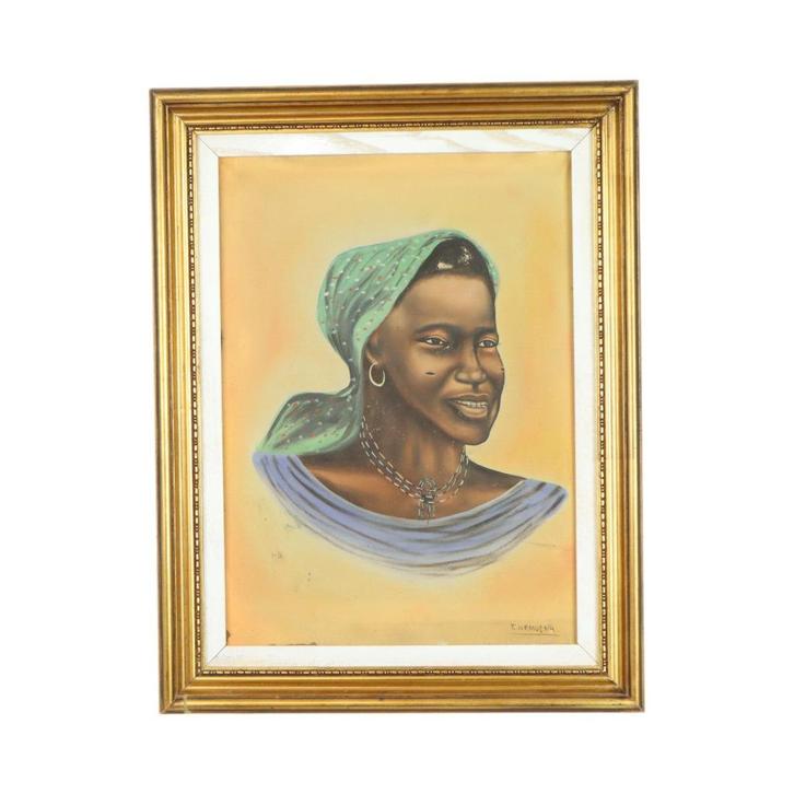 Authentiek Vintage Schilderij Portret op Doek Vrouw Congo 58, Antiquités & Art, Art | Peinture | Classique, Enlèvement ou Envoi