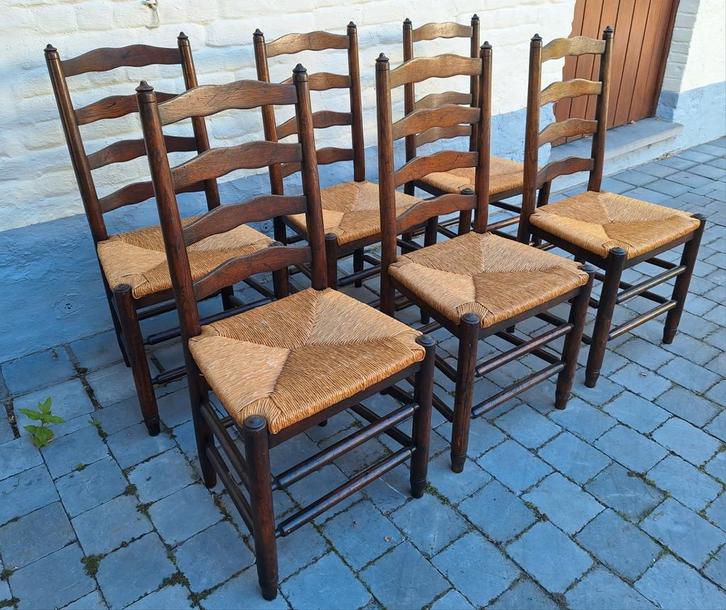 Set van 6 houten stoelen met rieten zitting – €80, Antiek en Kunst, Antiek | Meubels | Stoelen en Sofa's, Ophalen