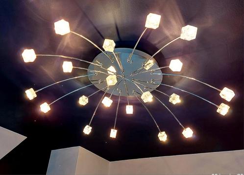 Grote design plafondlamp in verchroomd metaal en glas, Huis en Inrichting, Lampen | Plafondlampen, Zo goed als nieuw, Glas, Metaal