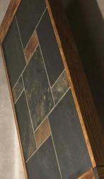Retro salontafel, teak met lei-natuursteen blad. Jaren 70, Ophalen, Gebruikt, 100 tot 150 cm, 50 tot 100 cm