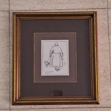 Jos Mous  1896 - 1968    Tekening  Vrouw met hondje, Envoi