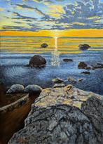 Groot schilderij "Zonsondergang aan zee", Antiek en Kunst, Kunst | Schilderijen | Modern, Verzenden