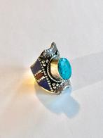 Bague argent tibétain turquoise lapis-lazuli corail rouge, 20 ou plus grands, Femme ou Homme, Comme neuf, Enlèvement