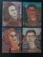 4 vintage portret schilderijtjes op hard karton, Antiek en Kunst, Ophalen of Verzenden