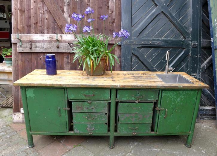 Prachtige vintage industriele toonbank werkbank keukeneiland, Doe-het-zelf en Bouw, Werkbanken, Gebruikt, 170 cm of meer, Ophalen