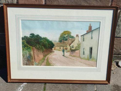 Aquarelle chemin animee signe george oyston, Antiek en Kunst, Kunst | Schilderijen | Klassiek, Ophalen of Verzenden