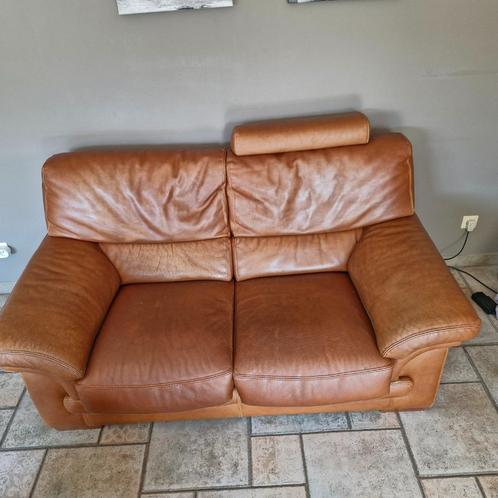 lederen salon 2- en 3 zit (cognac) (te koop vanaf 15/10), Huis en Inrichting, Fauteuils, Gebruikt, 75 tot 100 cm, Ophalen of Verzenden