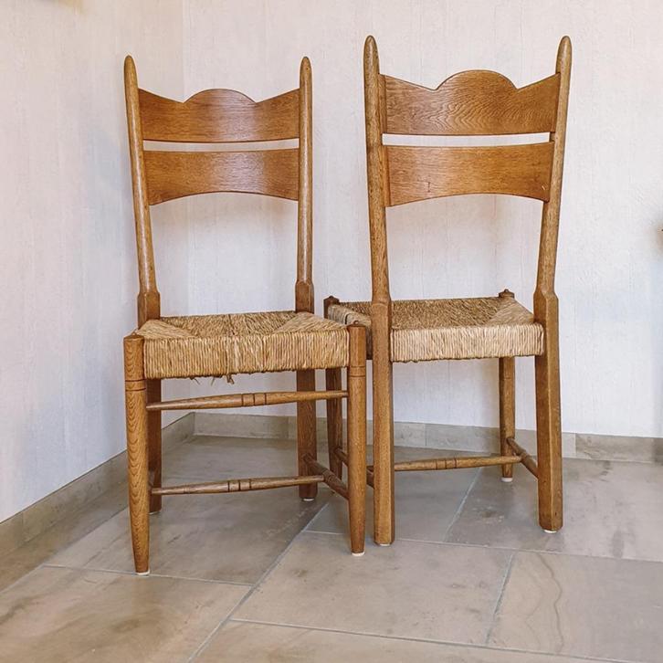 Set van 6 houten eetkamerstoelen (stro zitting) en kussens, Huis en Inrichting, Stoelen, Gebruikt, Vijf, Zes of meer stoelen, Hout