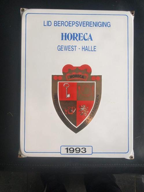 HALLE/EMAILLE RECLAMEBORD/HORECA "HALLE"/DISCOUNT of BIEDEN, Verzamelen, Merken en Reclamevoorwerpen, Gebruikt, Reclamebord, Ophalen of Verzenden