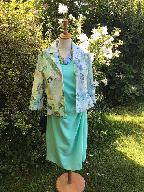 M46 set mintgroene jurk/gebloemd vestje/halsketting E5, Kleding | Dames, Gelegenheidskleding, Zo goed als nieuw, Overige typen