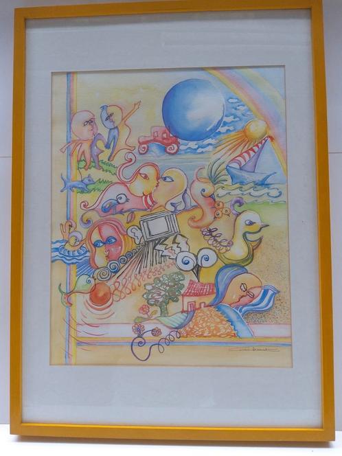 'Zalig op Pensioen'  ingelijst 52 x72 cm., Antiek en Kunst, Kunst | Schilderijen | Modern, Ophalen