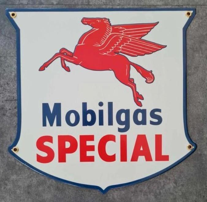 Mobilgas en special benzinepomp reclame bordje benzine pomp, Collections, Marques & Objets publicitaires, Utilisé, Panneau publicitaire
