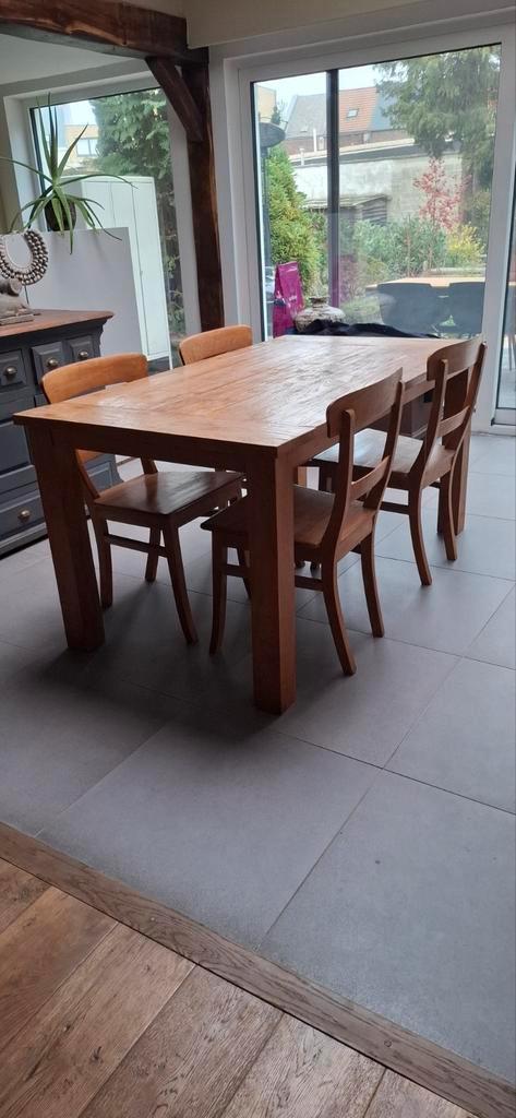 Teak houten tafel met 4 stoelel te koop, Huis en Inrichting, Complete eetkamers, Ophalen