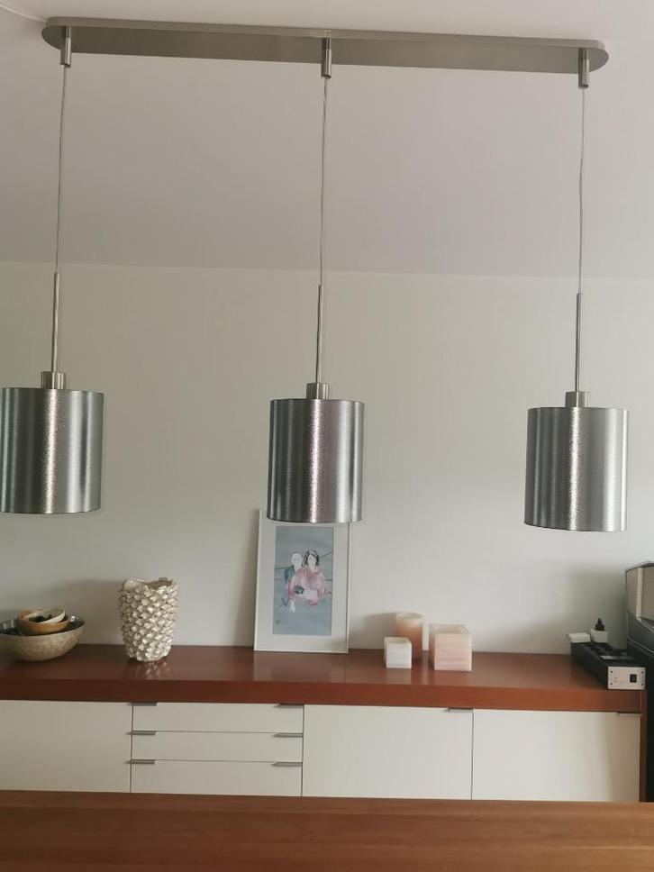 Hanglamp en staande lamp, metallic kleurige kappen, Huis en Inrichting, Lampen | Hanglampen, Gebruikt, 75 cm of meer, Kunststof