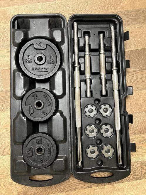 Halterset – Lange stang + 2 dumbbells + Gewichten, Sport en Fitness, Fitnessmaterialen, Gebruikt, Halterset, Ophalen