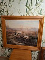 Massief eiken kader schilderij Herder en schapen, Antiek en Kunst, Ophalen