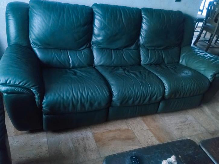 Natuzzi donkergroen lederen 2- en 3 persoons zitbanken, Huis en Inrichting, Zetels | Zetels, Ophalen