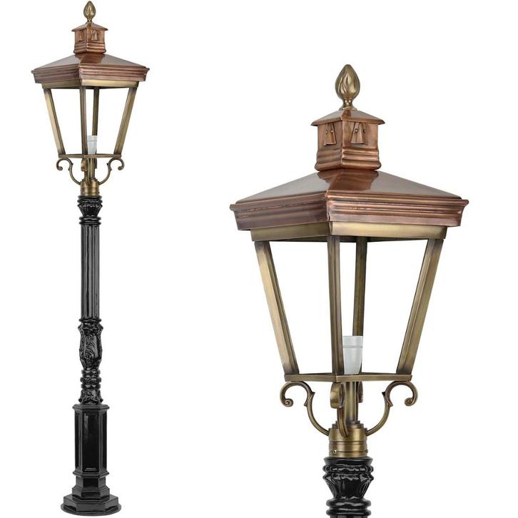 Lantaarn Antiek Messing - Camperduin - 173 cm, Tuin en Terras, Buitenverlichting, Nieuw, Staande lamp, Aluminium, Led, Ophalen of Verzenden