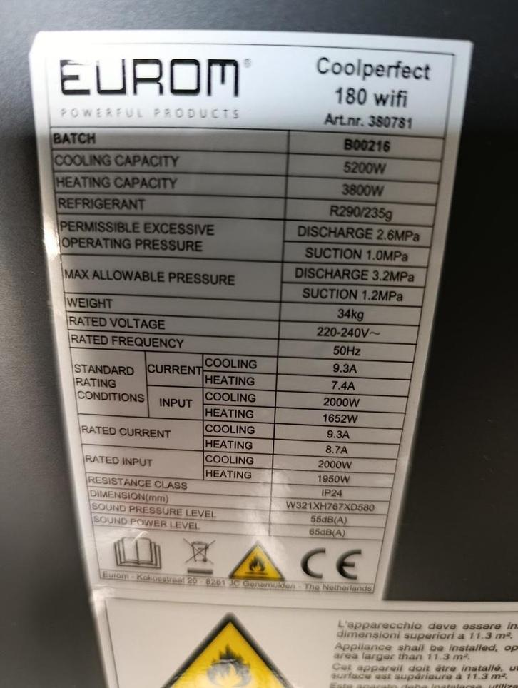 Mobiele airco Eurom 180 Wifi 18000 BTU, Elektronische apparatuur, Airco's, Zo goed als nieuw, Mobiele airco, Ophalen