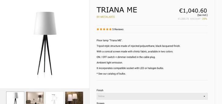 stijlvolle design staande lamp TRIANA ME Metalarte , Huis en Inrichting, Lampen | Vloerlampen, Gebruikt, Ophalen