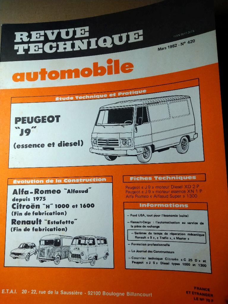 RTA 420 - Peugeot "J9" - mars 1982, Auto diversen, Handleidingen en Instructieboekjes, Ophalen of Verzenden