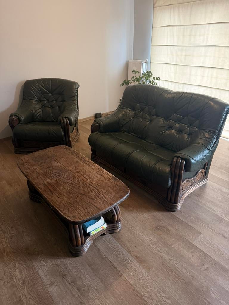 Groene lederen salon met salontafel, Enlèvement, Utilisé, Cuir