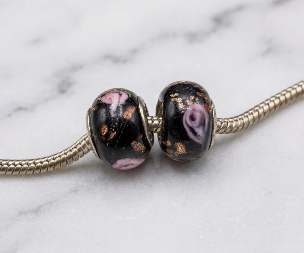 Murano Bedels set voor bedelarmband koper glitter met rozen, Overige merken, Nieuw, Ophalen of Verzenden, 2 of 3 bedels