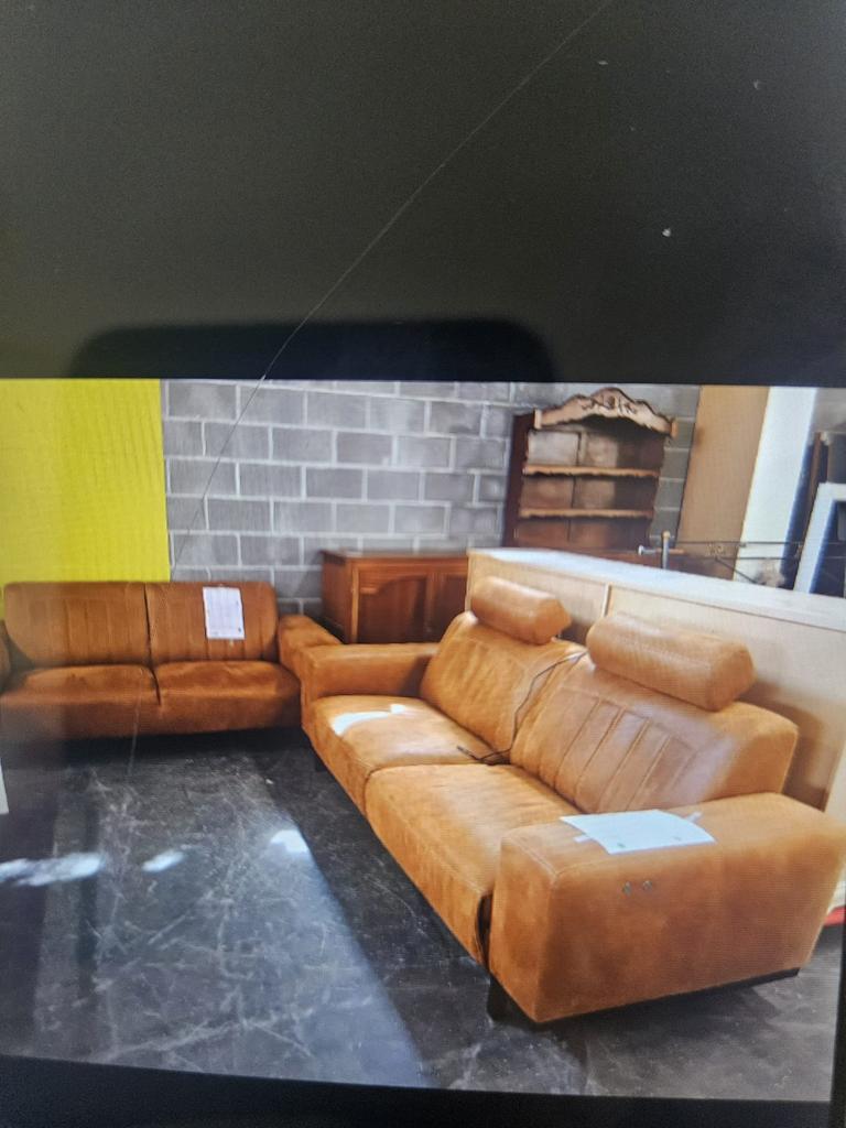 Fauteuil canapé électrique 2+2 cuir champagne, Enlèvement ou Envoi, Comme neuf, Cuir