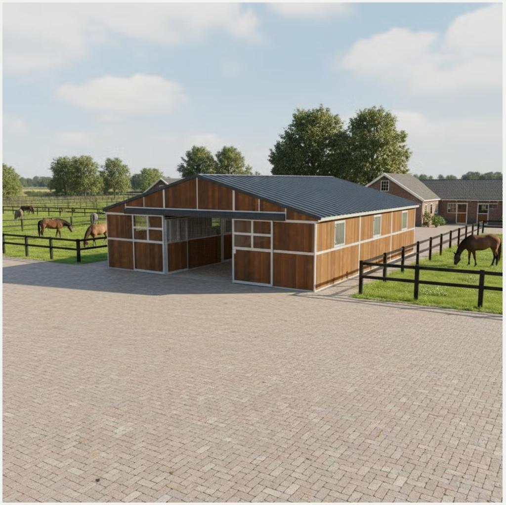 Grote systeemstal | 5 paardenboxen | Zadelkamer | Voorraad, Weidegang, 4 paarden of pony's of meer